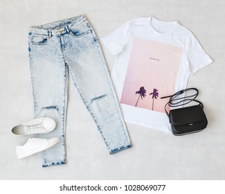 White Tshirt Pink Print Blue Jeans Stock Photo Edit Now