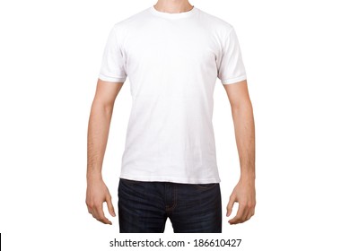 White Tshirt Template On Young Man For Your Design, Front View, Isolated On White Background.