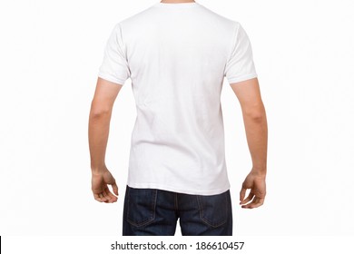 White Tshirt Template On Young Man For Your Design, Back View, Isolated On White Background.