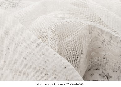 White Tulle Texture Close Up. Living Room Interior Decor. Cozy Bedroom Details. Country Vintage Style.