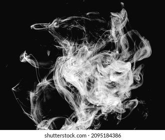 White Twisting Smoke Isolated On Black Background. Transparent Vapor In The Dark. Dry Ice, Beautiful Element For Design