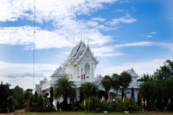 White Ubosot Of Wat Tham Khuha Sawan Temple Amphoe Khong Chiam, Ubon Ratchathani, Thailand For People Visit And Respect Praying Buddha Statue