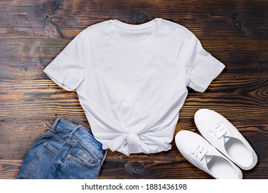 White Unisex Cotton T Shirt On Pink Wooden Background, Mockup