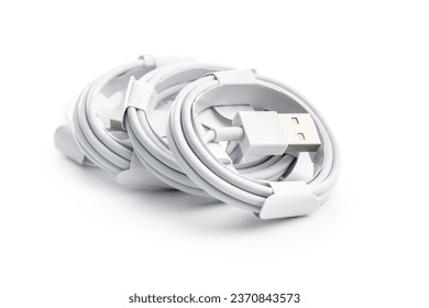 White usb charging cables isolated on white background.