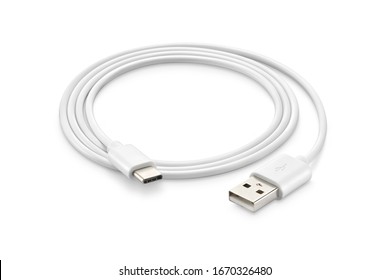 A white USB type C charger cable, compatible for many devices, wrapped in a spiral shape, isolated on white background.