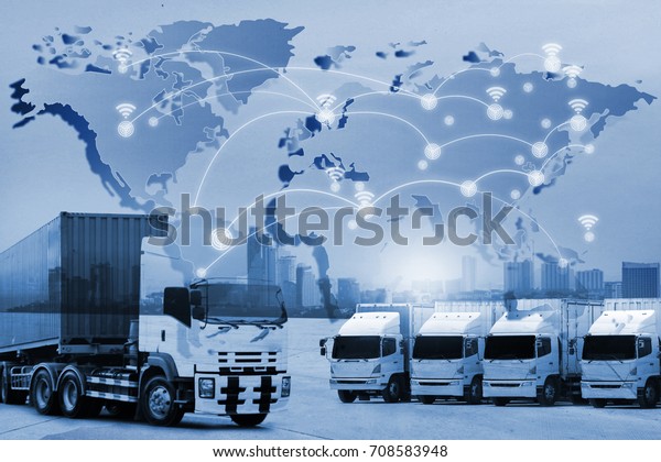 White van with Free Shipping and office buildings in the\
city , Delivery truck drives through a city in the day,\
transportation business 