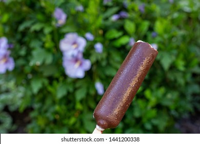 White Vanilla Ice Cream On Popsicle Stick Covered With Chocolate Icing And Frozen Water Drops In The Summer Outdoor. Green Background.