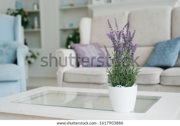 White vase with lavender\
flowers in the interior decor of the living room in light colors\
with blue color