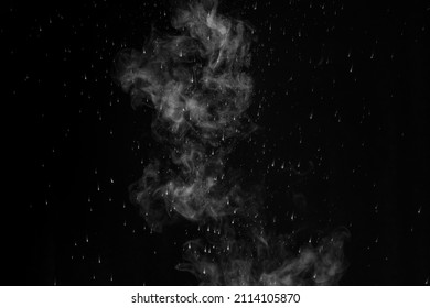 White Vertical Steam, Smoke Isolated On Black Background. A Piece Of Curly Curving Smoke To Overlay On Your Photos. Abstract Steam Background