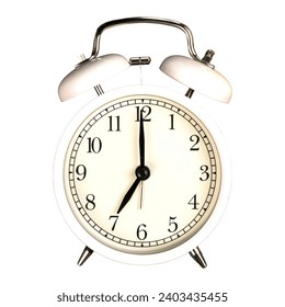 White vintage alarm clock on white background for design and decoration.
