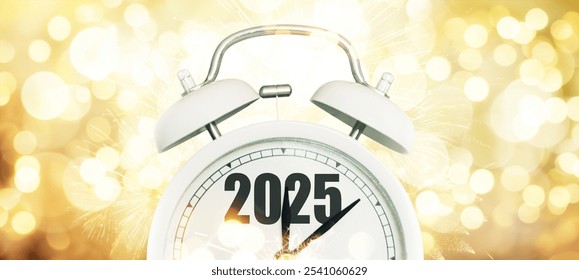 White vintage alarm clock points to New Year 2025 on a background of golden bokeh lights and fireworks. New year start and party, creative idea. Happy New Year and Christmas card - Powered by Shutterstock