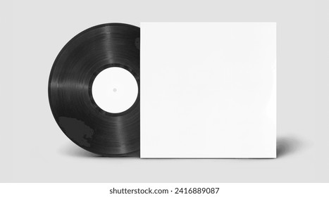 Mockup de manga de portada del álbum de vinilo blanco, aislado, camino de recorte. La superficie clara de la placa de música gramófona se burla. Plantilla de etiqueta de disco de goma de sonido de papel. Embalaje de discos de vinilo de cartón de grano antiguo