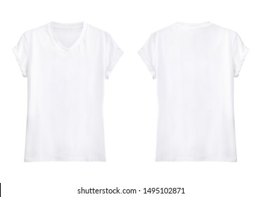 White V-neck T Shirt  front and back on white background, Blank v-neck shirt mock up template, isolated