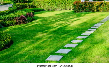 White Walkway Sheet In The Garden, Green Grass With Cement Path  Contrasting With The Bright Green Lawns And Shrubs, Shadows, Trees, And Morning Sun Garden Landscape Design, Lawn Care Service.