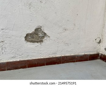 White Wall With Black Mold. Fungus Dangerous For Health And For The Structural Integrity Of The Wall, Weakened By Humidity.