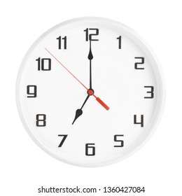 White Wall Clock Isolated On White Background. 7 P.m. Or 7 A.m