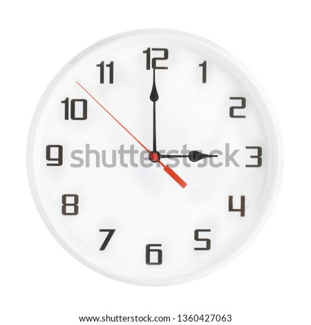 White wall clock isolated on white background. 3 p.m. or 3 a.m