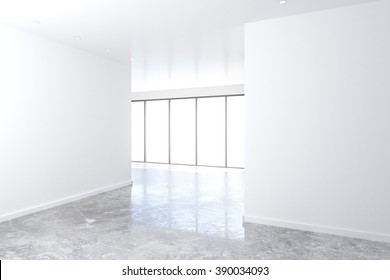 White Wall In Empty Loft Room With Big Windows And Concrete Floor, Mock Up, 3D Render