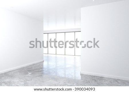 White wall in empty loft room with big windows and concrete floor, mock up, 3D Render
