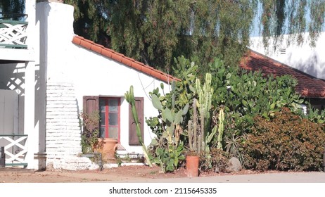White wall of mexican old village house, wooden window with shutters, garden from succulent plants and tall cactus. Suburban countryside rural exterior, rustic provincial ranch, homestead architecture