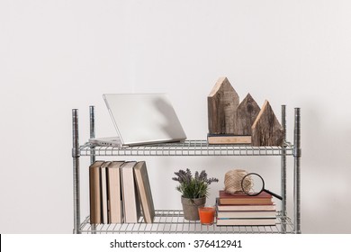 White Wall Office Metal Shelving Laptop And Glass With Office Decoration