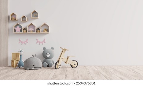 A white wall with a wooden shelf holding various toys, including a teddy bear, a wooden tricycle, and stuffed animals. - Powered by Shutterstock