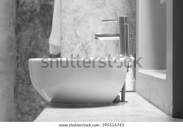 White Wash Basin On Cement Countertop Stock Photo Edit Now 395516743