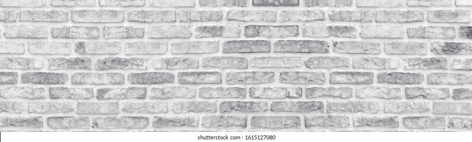 White Washed Shabby Brick Wall Wide Texture. Large Light Gray Rustic Brickwork Wallpaper. Whitewashed Panoramic Vintage Background