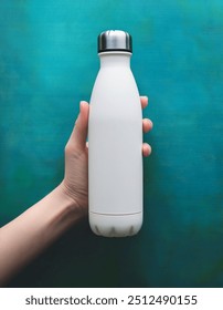 white water bottle on hand with blue background. The best bottle mockup for your brand