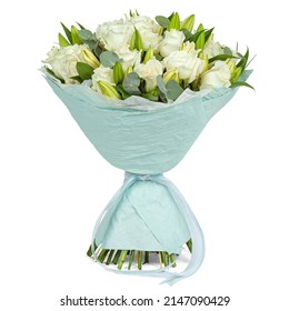 White Wedding Bouquet In Blue Paper Cone Isolated On White.