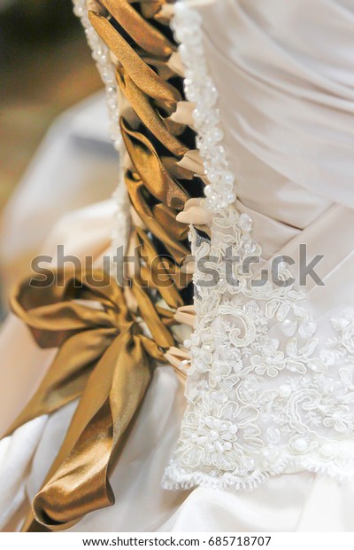 White Wedding Dress Back Gold Ribbon Stock Photo Edit Now 685718707