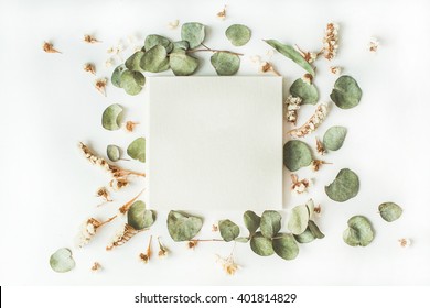 White Wedding Or Family Photo Album, Frame With Dry And Fresh Branches Isolated On White Background. Flat Lay, Overhead View