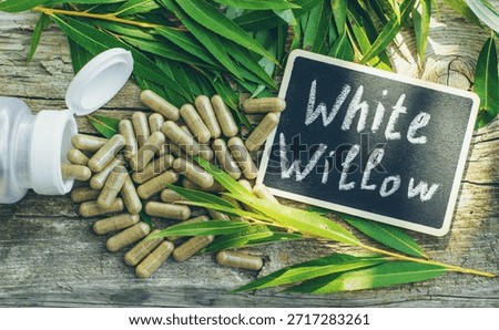 White willow supplements and extract. Selective focus. nature.