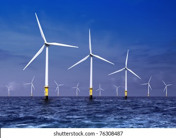 White Wind Turbine Generating Electricity On Sea