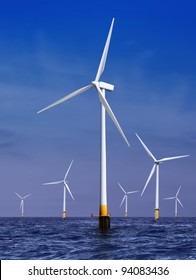 White Wind Turbine Generating Electricity On Sea