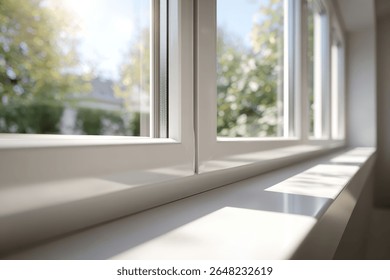 White window frames, sunlight streaming through