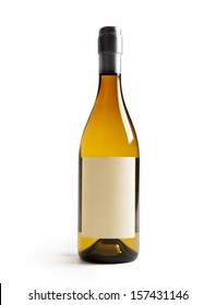 White wine bottle with Blank paper label (real paper). Label is at eye level so inserted elements do not need to be curved (wrapped around) so much. Focus on label. Isolated on white.