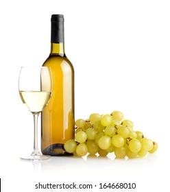 White Wine In Bottle And Glass And A Bunch Of White Grapes Isolated On White