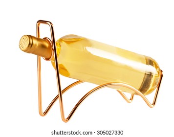 White Wine Bottle  On A Metal Wine Rack Isolated On White