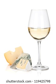 White Wine Glass And Cheese. Isolated On White Background