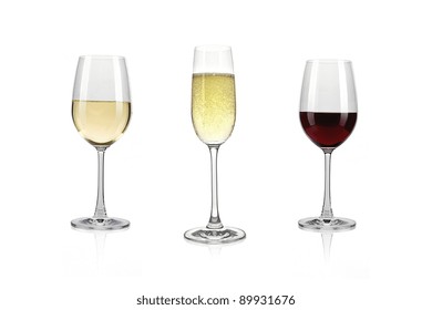 White Wine Glass With Red Wine And Sparkling Wine Against A White Background