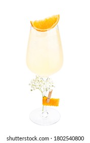 White Wine Spritzer Alcoholic Cocktail In Champagne Saucer Glass Isolated On White Background