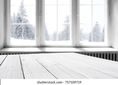 White Winter Window With A Wooden Table And A Place For An Advertising Product