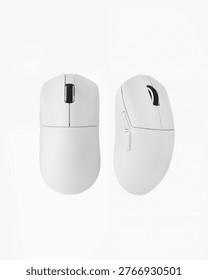 A white wireless computer mouse isolated against a white background, shown from two angles: top and side.