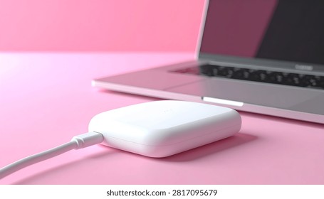 A white wireless earbud charging case is connected to a sleek silver laptop on a vibrant pink surface, highlighting modern technology and connectivity.