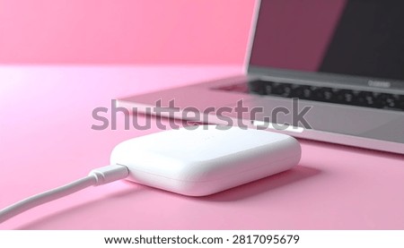 A white wireless earbud charging case is connected to a sleek silver laptop on a vibrant pink surface, highlighting modern technology and connectivity.