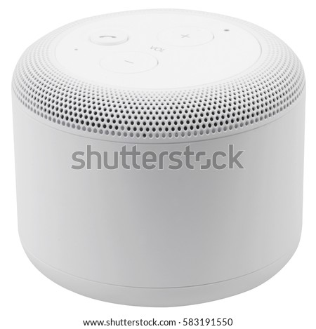 White wireless portable bluetooth speaker, isolated on white background.