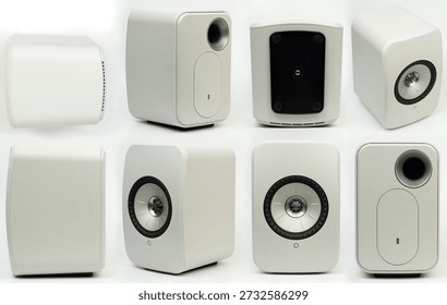 White wireless speaker isolated diffrent  top side bottom view on studio background