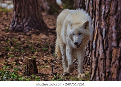 a white wolf next to a tree