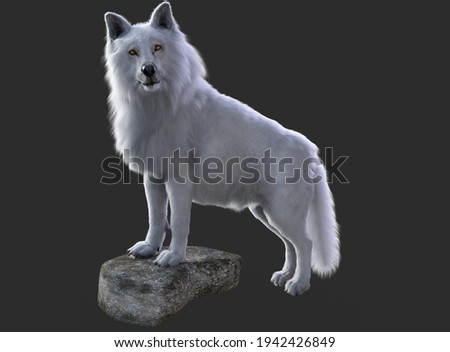 White wolf on stone render with grey background	